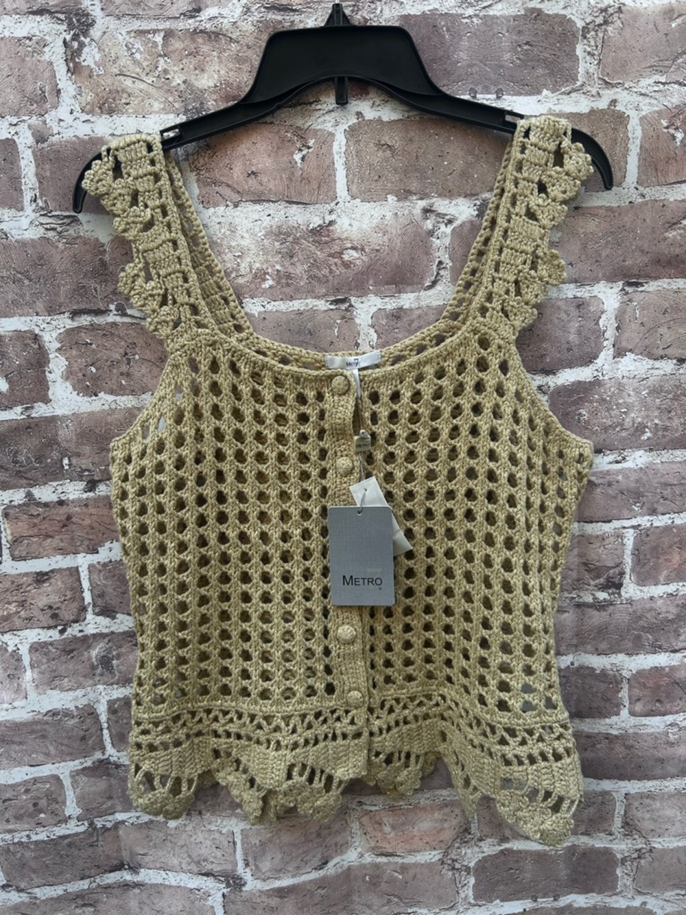 VTG Y2K Metro7 size L Sparkle gold Crochet Open-Knit sweater vest festival new